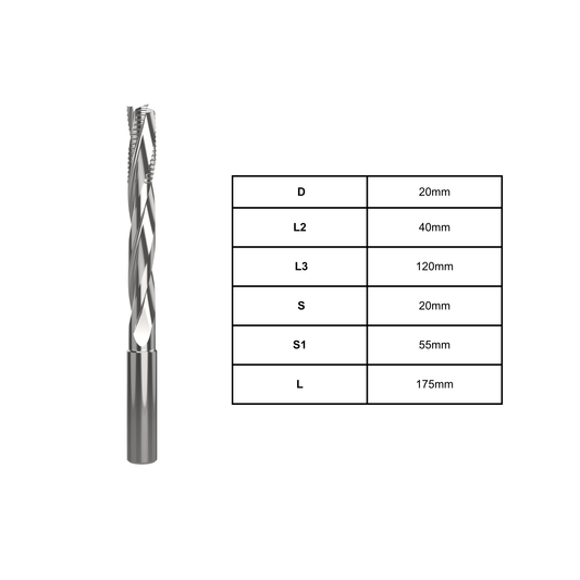 3 flute mortise lock cutter router bit with 20mm cutting diameter and 20mm shank for accurate door lock mortising and precision woodworking in solid timber and engineered wood.