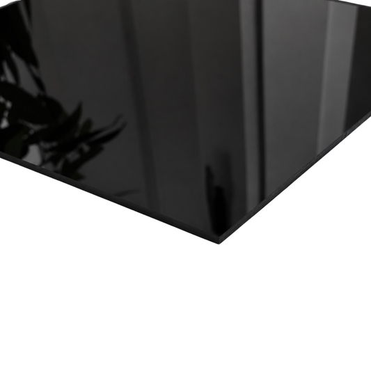 4mm black vinyl backed mirror panel with reflective glass surface, ideal for wardrobes, bathroom vanities, wall features, and modern interior design projects.