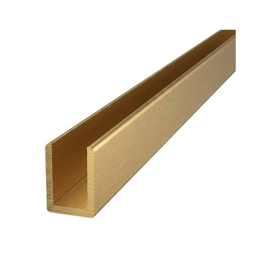 Brushed gold aluminium U channel profile for wardrobe framing systems, providing secure edging, clean finish, and durable support for sliding wardrobe doors