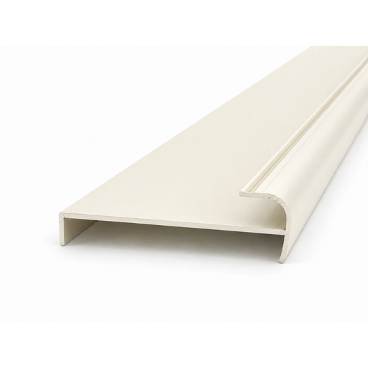 Off white aluminium return jamb triple track profile for wardrobe framing systems, providing structural support, clean finishing, and smooth sliding wardrobe door operation