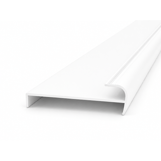 White aluminium return jamb triple track profile for wardrobe framing systems, providing structural support, clean finishing, and smooth sliding wardrobe door operation