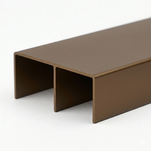 Matt bronze aluminium wardrobe top double track 5.7m system for sliding wardrobe doors and framing installation
