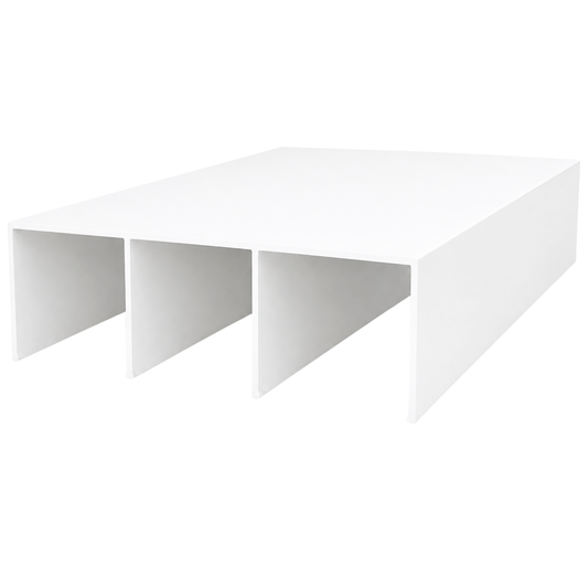 White aluminium triple top track for sliding wardrobe doors, providing smooth door operation, reliable support, and enhanced access with a triple track system