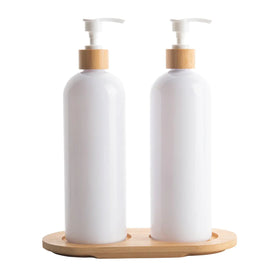 White Plastic Pump Bottles + Bamboo Tray – 500 ml Set