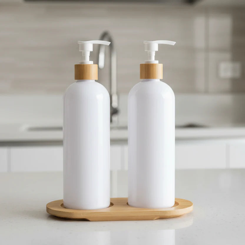 White Plastic Pump Bottles + Bamboo Tray – 500 ml Set