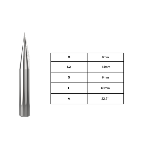 6mm carbide Vee groove router bit with 22.5° angle for CNC engraving on wood, MDF, acrylic, and composite materials with precise and clean detailing performance.