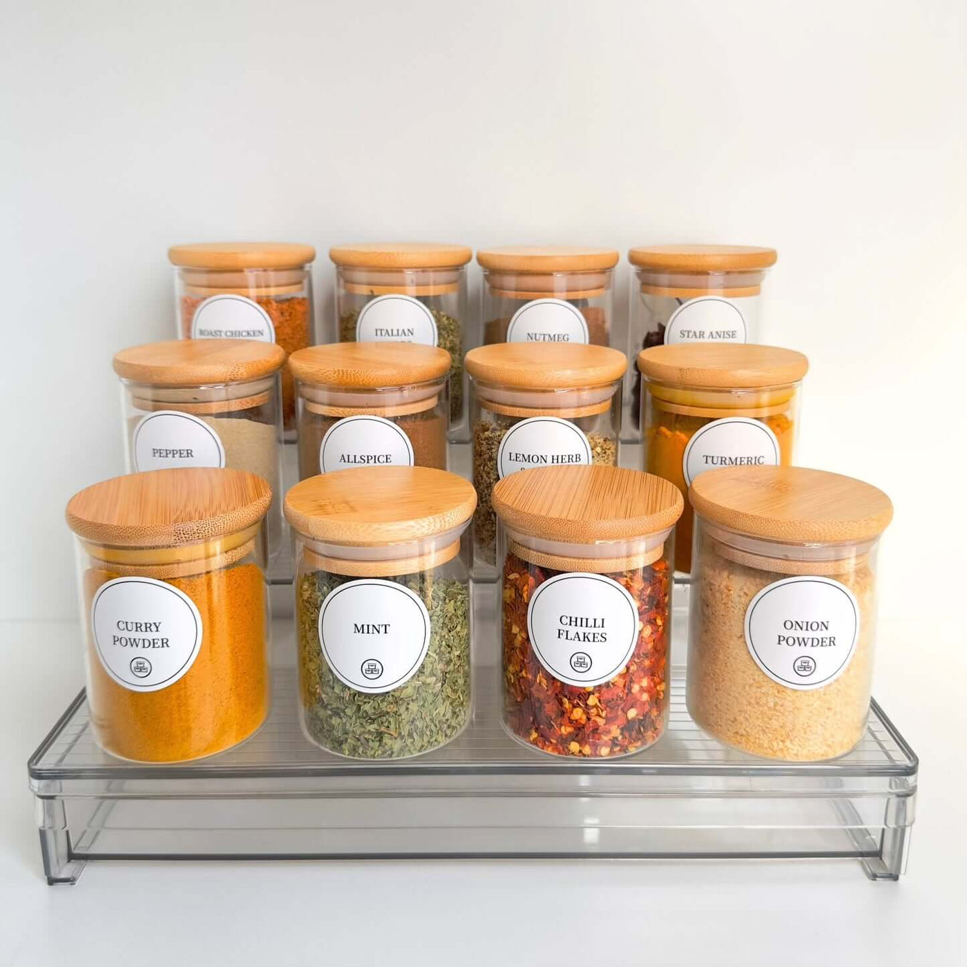 Spice Rack with 12 Bamboo Jars – Acrylic Drawer Organiser