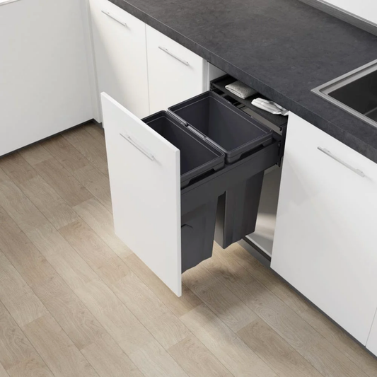 74L dual pull-out kitchen bin with two removable 37L bins and integrated soft-close runners for 500mm kitchen cabinets in dark grey.
