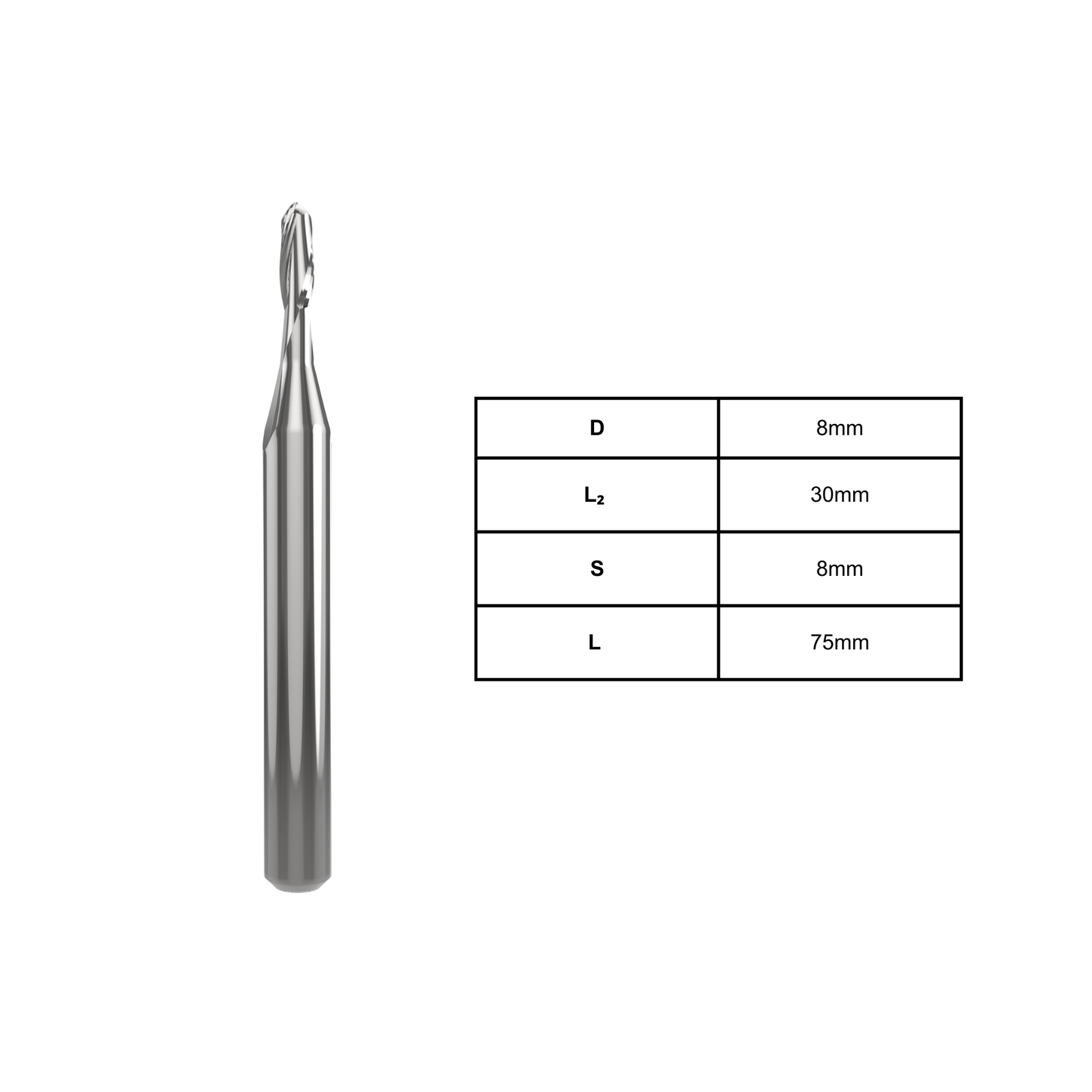 2-flute ballnose spiral router bit, 8mm diameter, 30mm cutting length, precision CNC bit for smooth 3D profiling and curved cuts in wood, MDF, plywood, and laminates