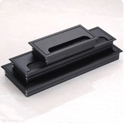 aluminium brush cable cover for desks and furniture, cable management grommet for clean wire routing and organised workspace setup