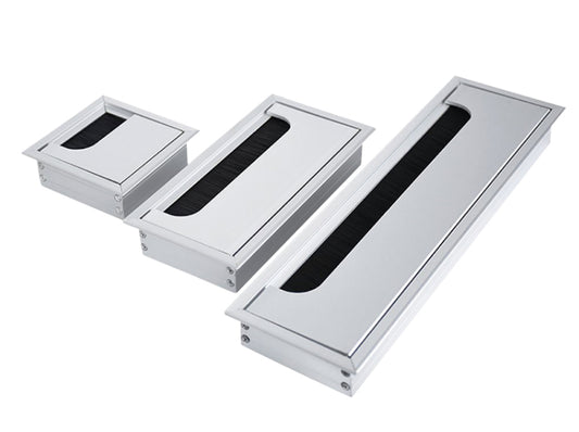 aluminium brush cable cover for desks and furniture, cable management grommet for clean and organised wire routing in office and workstation setups