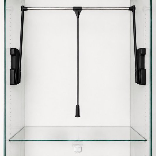 Black Ambos double pull down wardrobe lift rail for easy access to hanging clothes with 15kg load capacity.
