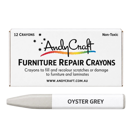 AndyCraft Oyster Grey furniture repair crayon for repairing blemishes, scratches, nail holes and laminate edges on timber furniture