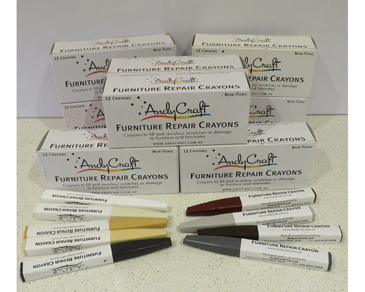 AndyCraft mixed furniture repair wax crayons for repairing scratches, chips, and surface marks on timber, laminate, cabinets, doors, and wood furniture in assorted colours.