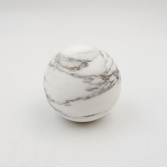 Arabescato marble polished decorative sphere 100mm crafted from solid natural stone with elegant grey veining, ideal for home décor, coffee tables, shelves, offices, and luxury interior styling.