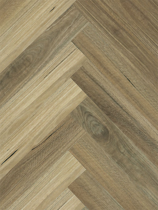 Australian Spotted Gum 8mm herringbone hybrid flooring with a realistic native timber look, waterproof construction, scratch-resistant surface, and elegant parquet design for homes and commercial spaces.