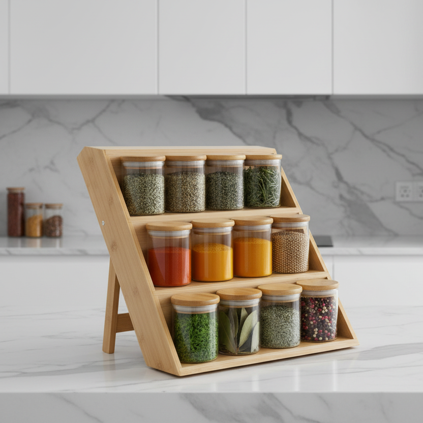 Bamboo Spice Drawer Organiser with 12 Large Jars