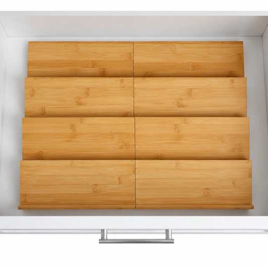 8-tier bamboo drawer spice rack for organising spice jars neatly in kitchen drawers.