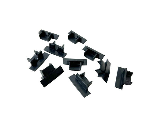 Black aluminium LED lighting channel end plugs, 10 pack, designed to provide a secure, clean finish for LED strip light aluminium profiles.