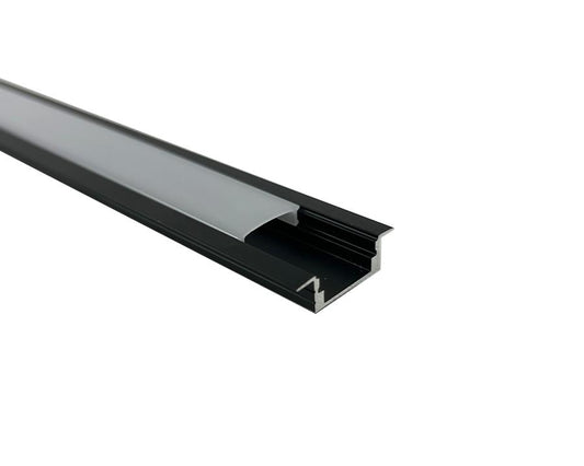 Black aluminium LED lighting channel with opaque diffuser, 3m length – durable profile for even and soft LED strip illumination.