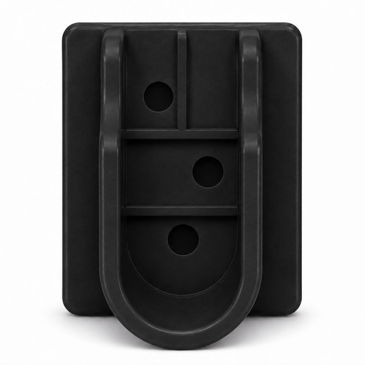 Black 16mm plastic U flange for wardrobe rails, durable end bracket for securely mounting 16mm round hanging rods in closets and wardrobes.
