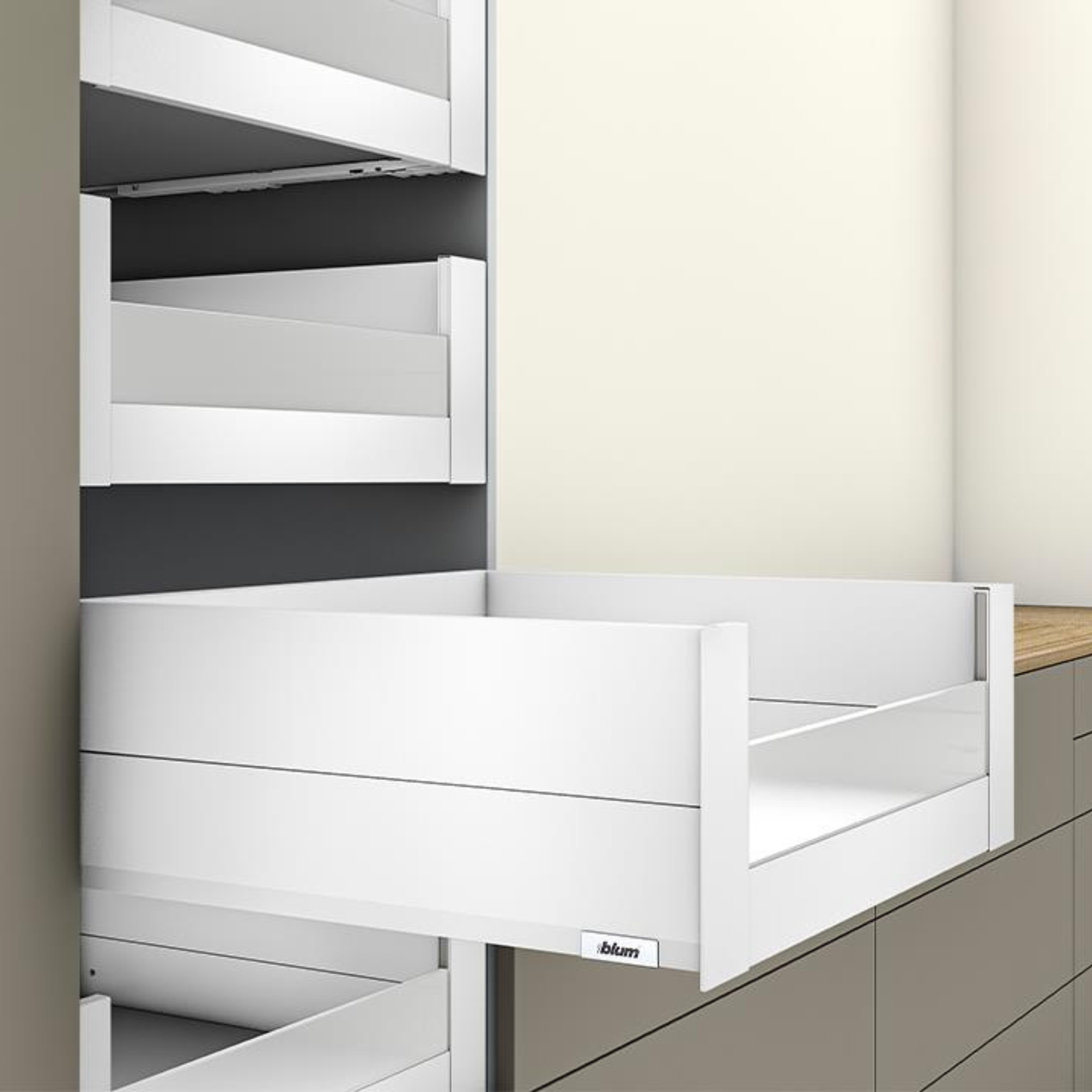 Blum MERIVOBOX modular E Height 192mm Inner Drawer BOXCAP with Low Glass Design Element 450mm with BLUMOTION in Silk White 40kg. To suit 1200mm wide cabinet by W&B