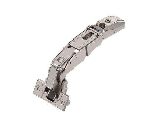 Blum 71T7580 CLIP Top wide angle 155° full overlay hinge with knock‑in boss and spring mechanism, nickel‑plated concealed hinge hardware