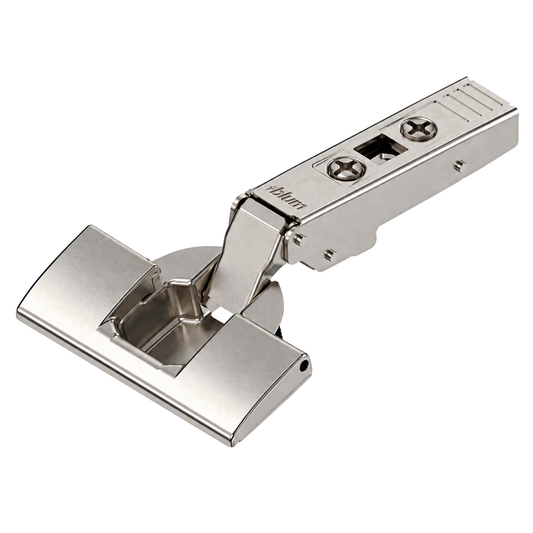 Blum 75T1590B 107° full overlay cabinet hinge with nickel-plated INSERTA boss
