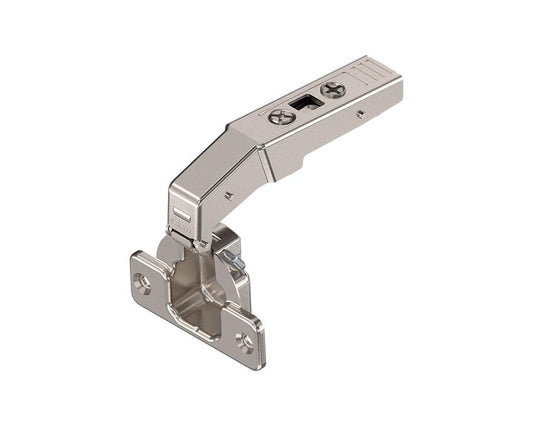 Blum Clip Top blind corner hinge 79T9550 with screw‑on boss, 95° inset concealed cabinet hinge hardware, nickel‑plated finish