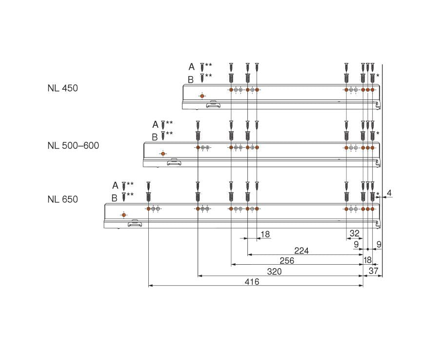 Left-hand Blum LEGRABOX 500 mm carcase runner, 70 kg load capacity, zinc-plated steel with integrated BLUMOTION S soft-close