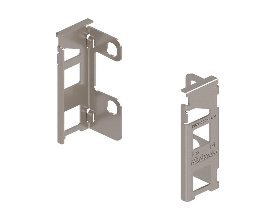 Blum LEGRABOX Pure M-height nickel-plated steel back fixing bracket set ZB7M000S, for secure drawer back panel attachment in LEGRABOX cabinetry