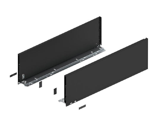 Blum LEGRABOX Pure drawer side in carbon black matt, 600 mm, slim modern metal drawer hardware for kitchen and cabinetry