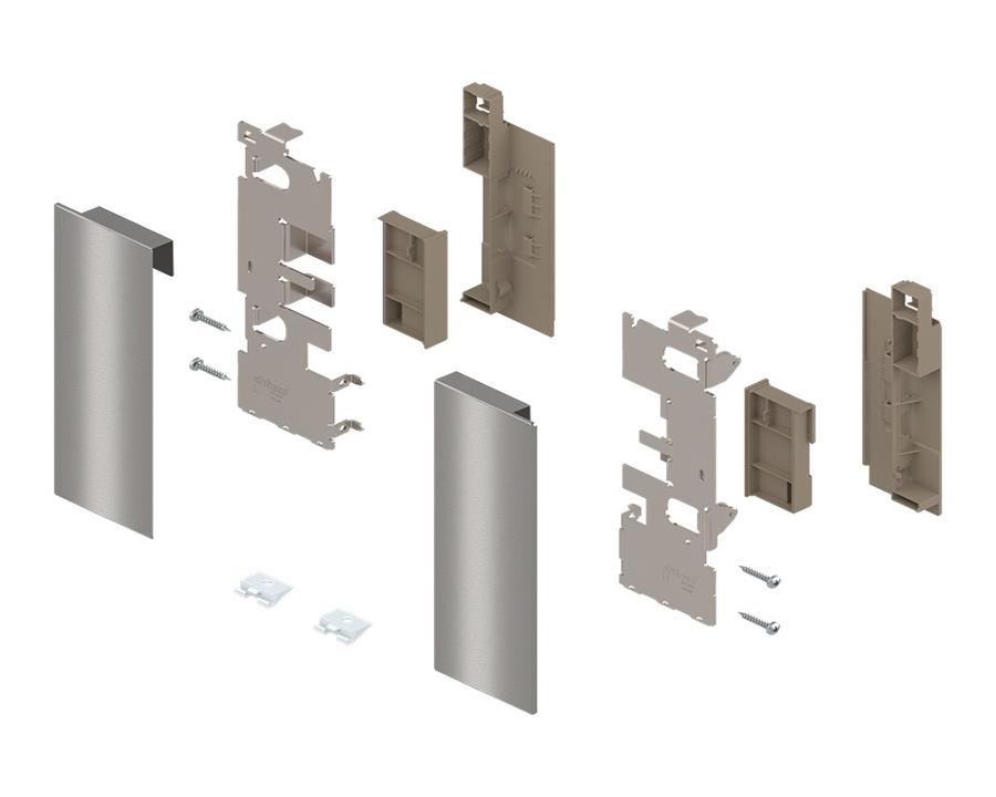 Blum LEGRABOX Pure stainless steel front‑fixing bracket set (C‑height) for inner pull‑out drawers, right + left, secure front‑to‑drawer connection for modern cabinetry