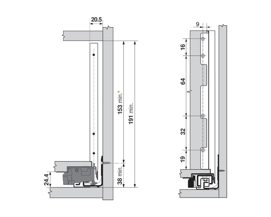 Blum LEGRABOX Pure stainless steel front‑fixing bracket set (C‑height) for inner pull‑out drawers, right + left, secure front‑to‑drawer connection for modern cabinetry