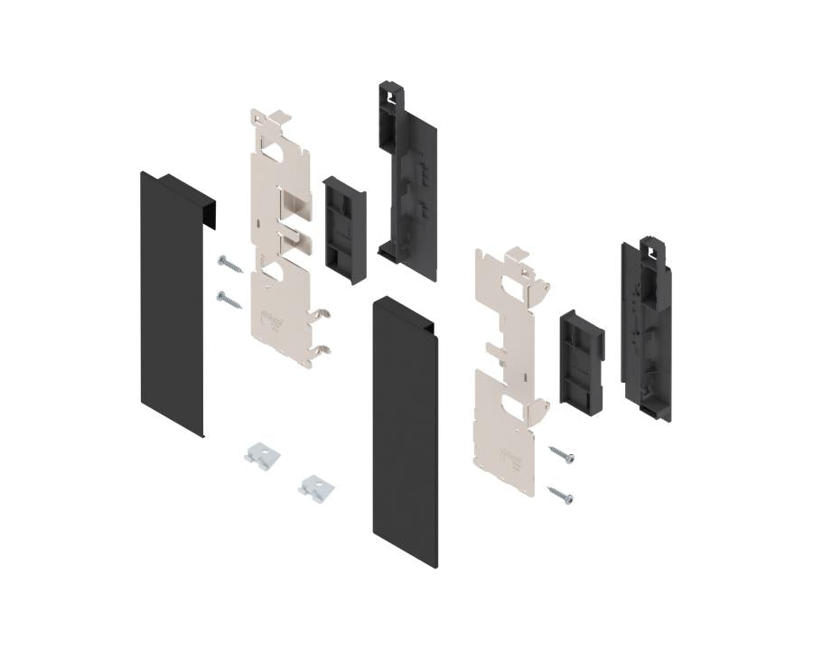 Blum LEGRABOX Pure front fixing component for glass‑front inner drawer, carbon black matt ZI7.2CS0 — steel front brackets with cover caps for seamless cabinetry installation 