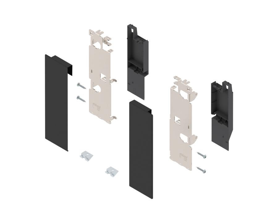 Blum LEGRABOX Pure front‑fixing rail component in carbon black matt (ZI7.3CS0), steel inner‑drawer rail brackets for sleek modern cabinetry installation