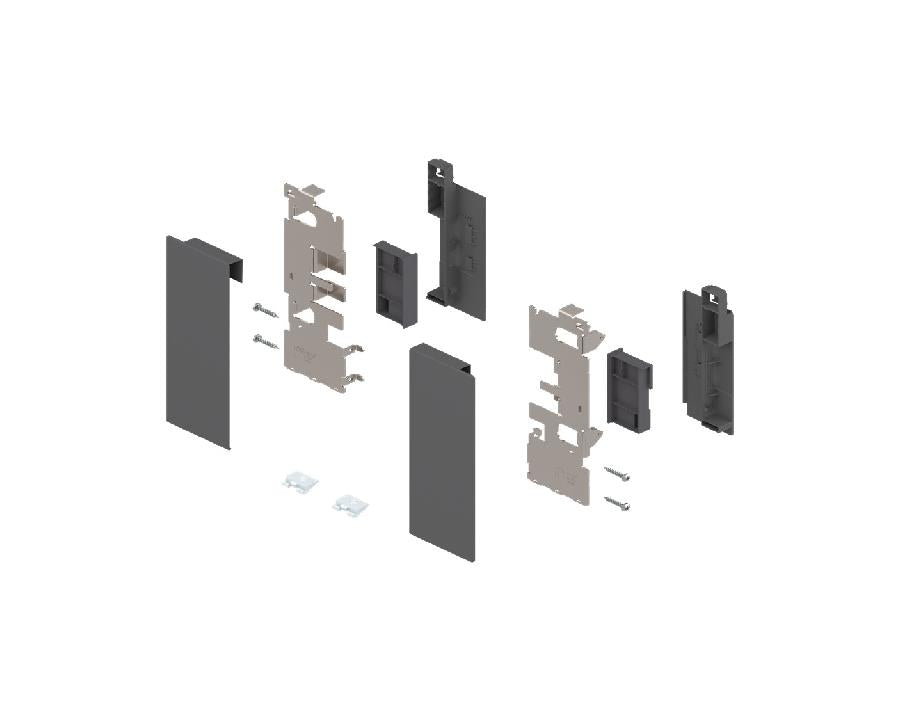 Blum LEGRABOX Pure front fixing component for glass element in Orion Grey, durable and easy-to-install drawer accessory