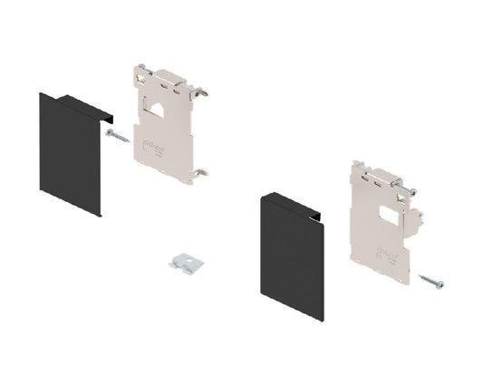 Blum LEGRABOX Pure inner drawer front‑fixing set in carbon black matt (ZI7.0MS0), steel front brackets and cover caps for M‑height drawer installation