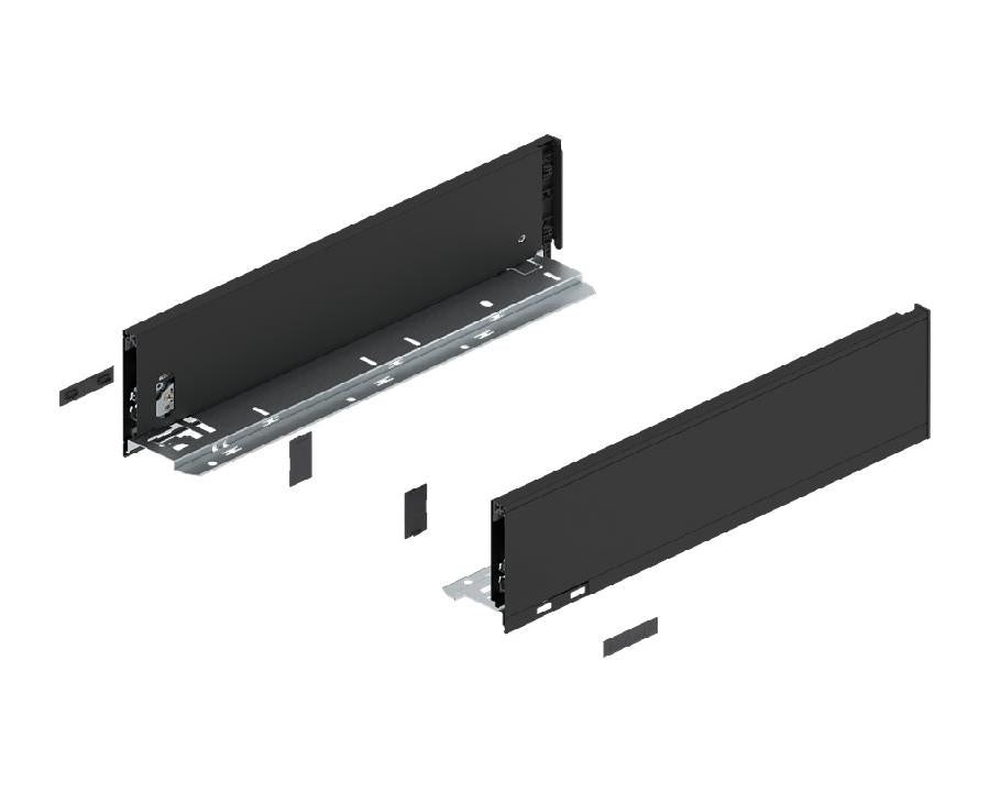 Blum LEGRABOX Pure drawer side in carbon black matt, 400 mm, slim 128.5 mm‑height steel drawer hardware for modern cabinetry