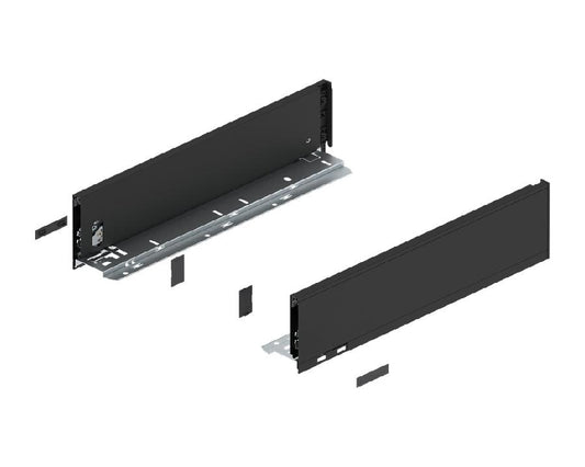 Blum LEGRABOX Pure drawer side in carbon black matt, 400 mm, slim 128.5 mm‑height steel drawer hardware for modern cabinetry