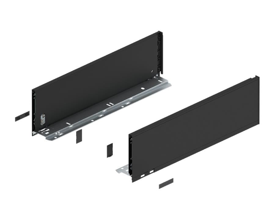 Blum LEGRABOX pure 450 mm drawer side, C‑height (177 mm), carbon black matt steel, left + right set