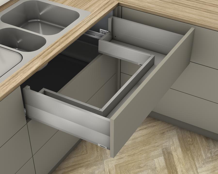Blum MERIVOBOX 192mm sink drawer 550mm in Indium Grey with BOXCAP and BLUMOTION soft‑close, 40kg capacity, modular kitchen drawer solution