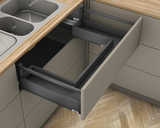 Blum MERIVOBOX 192mm sink drawer 600mm in Orion Grey with single gallery rail and BLUMOTION soft‑close, 70kg capacity, modular kitchen drawer solution