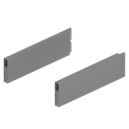 Blum MERIVOBOX 350mm BOXCAP design element in indium grey for drawer systems, modern metal drawer hardware with soft‑close adjustment