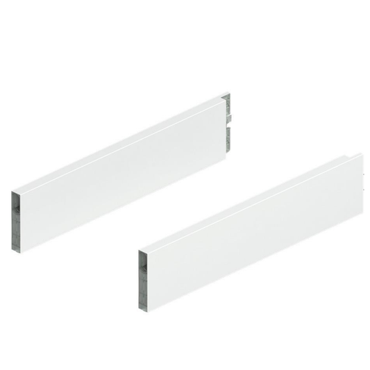 Blum MERIVOBOX 400mm BOXCAP design element in silk white for drawer systems, premium metal drawer hardware finishing component