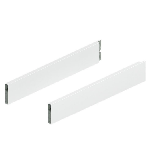Blum MERIVOBOX 450mm BOXCAP design element in silk white for drawer systems, premium metal drawer hardware finish