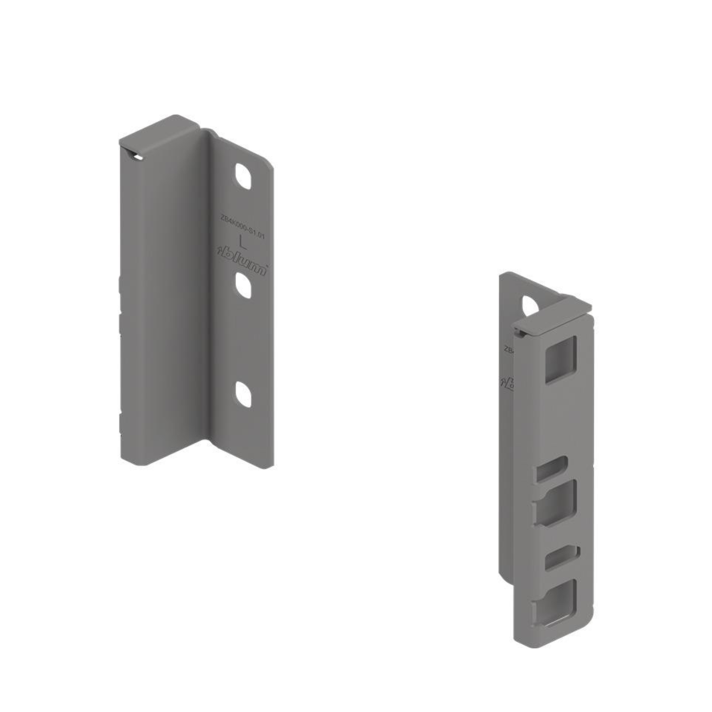 Blum MERIVOBOX K height back fixing bracket set in Indium Grey for secure drawer system installation