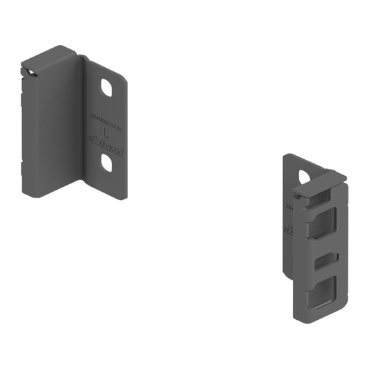 Blum MERIVOBOX back fixing bracket set for K height drawers in Orion Grey, metal drawer hardware for kitchen and cabinetry installation