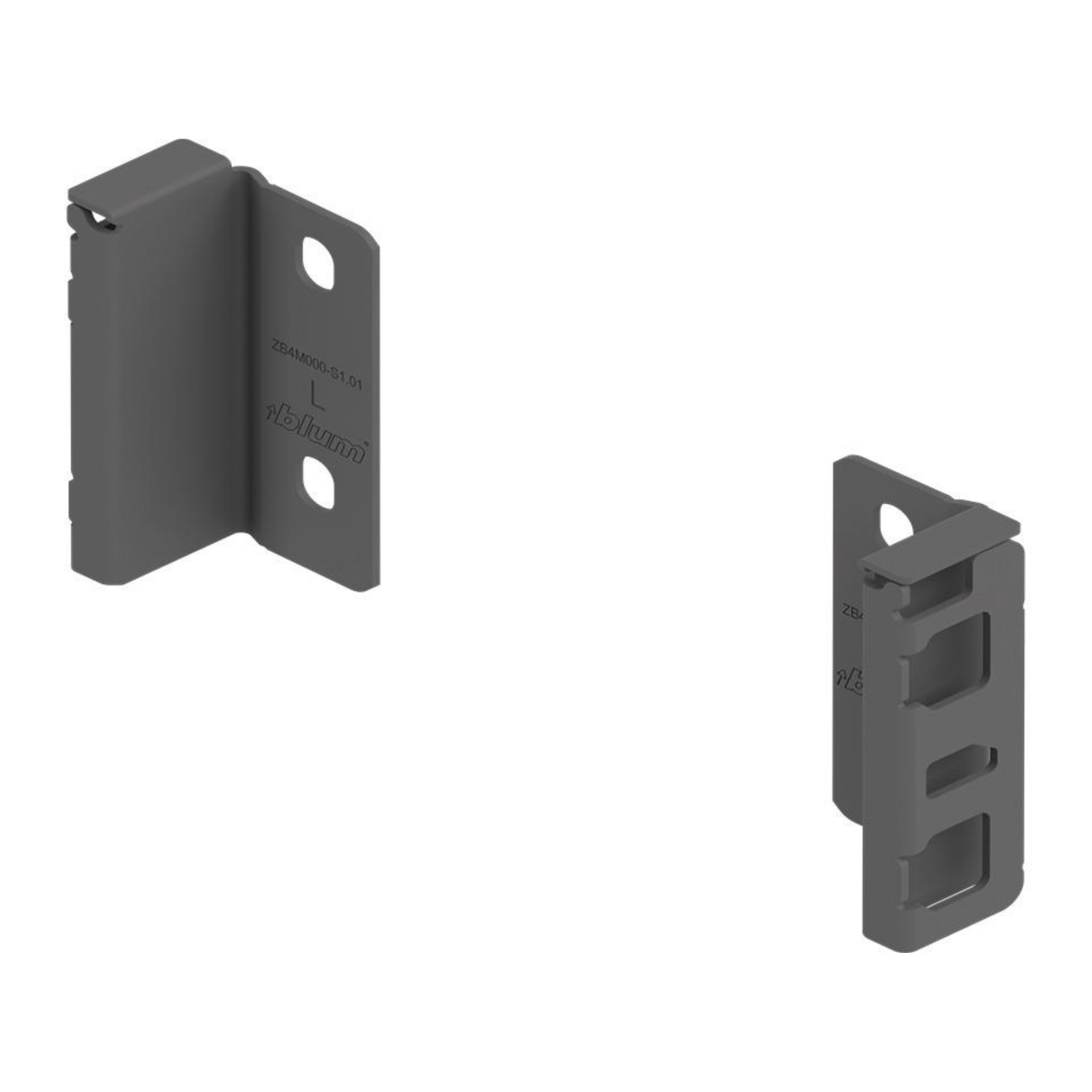 Blum MERIVOBOX back fixing bracket set for M height drawers in Orion Grey, high-quality drawer hardware for kitchen and cabinetry installation