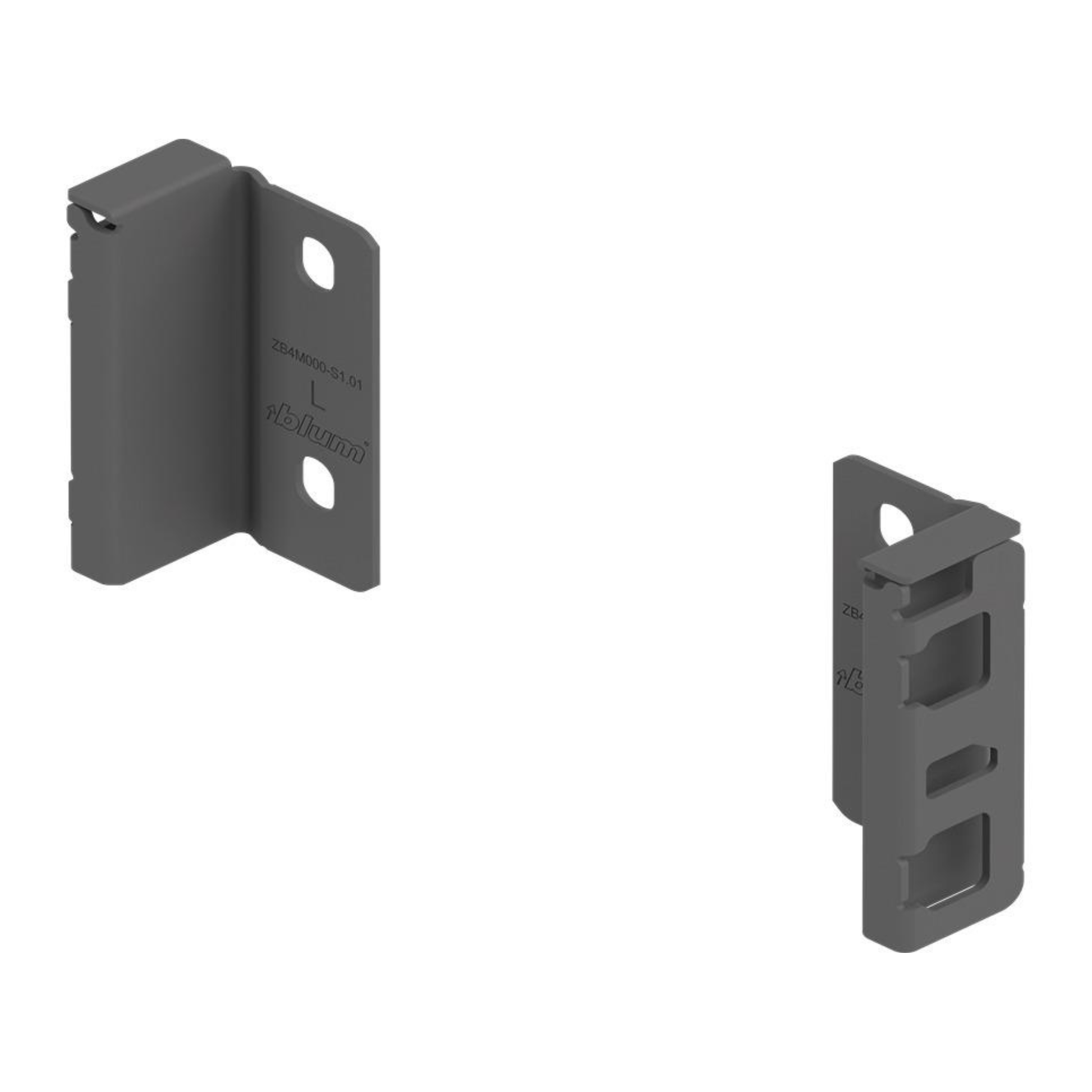 Blum MERIVOBOX back fixing bracket set for M height drawers in Orion Grey, high-quality drawer hardware for kitchen and cabinetry installation